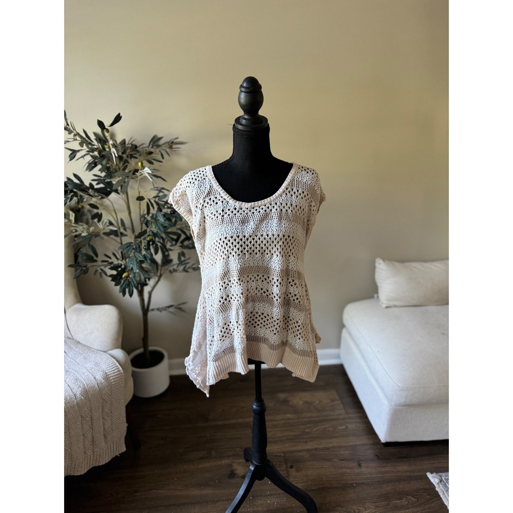 Free People Cream Beige Open Knit Crochet Sharkbite Hem Sweater Top S